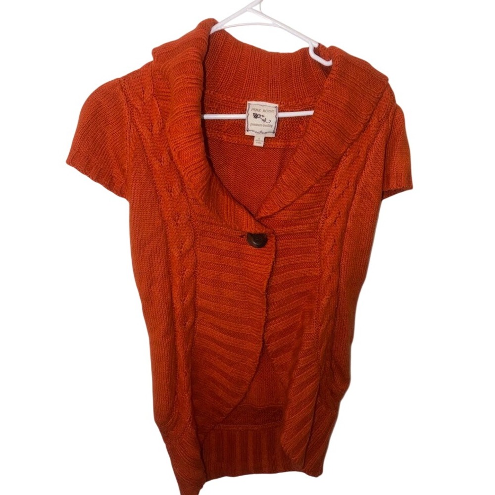 Pink Rose Womens Orange Cable Knit Short Sleeve Shawl Collar Cardigan Sweater L